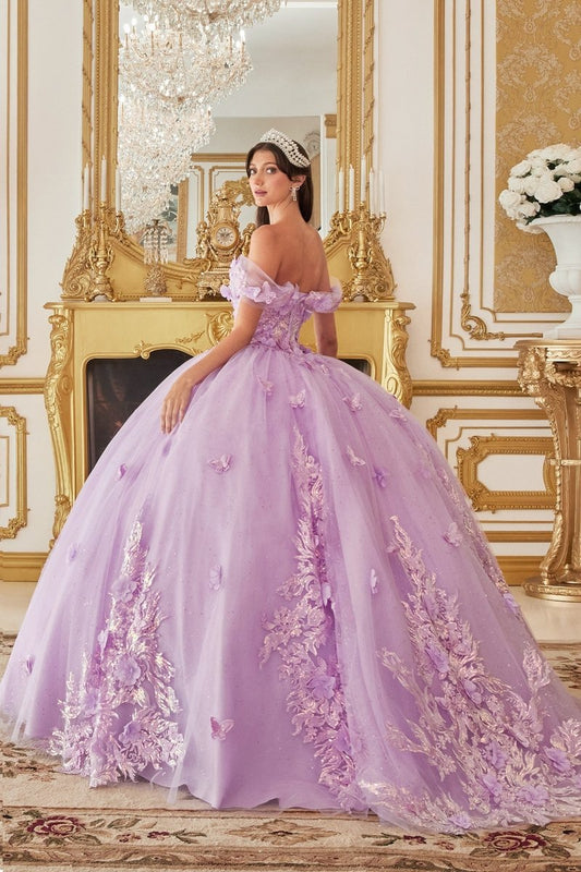 Vestido de XV de tul con mariposas, brillos y corset 15713