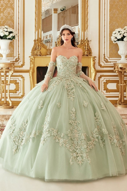 Vestido de XV strapless de tul con mangas desmontables y corset 15714