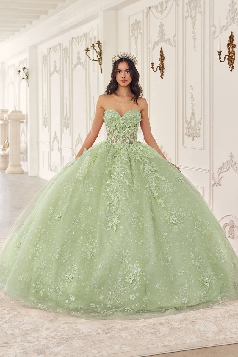 Vestido de quinceañera strapless de encaje con flores 3D y capa 15719
