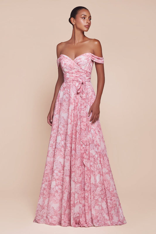 Vestido de fiesta largo de satín y gasa con hombros descubiertos 7441
