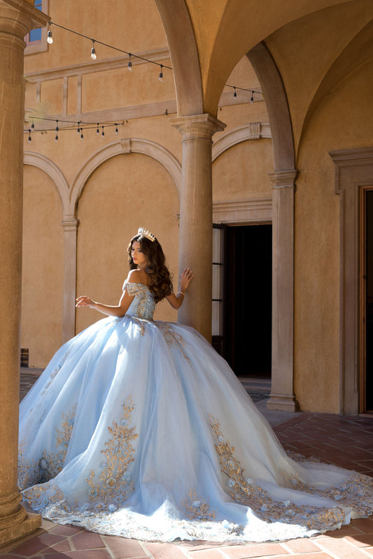 Vestido de XV con pedrería y bordado dorado en talla plus PQ1068