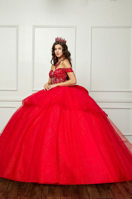 Vestido de XV con moño grande y tul con brillos en talla plus PQ1063