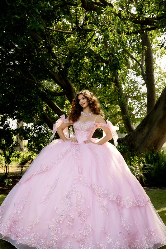 Vestido de XV con moño y mangas desmontables PQ1085