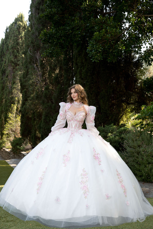 Vestido de XV con mariposas 3D y bolero a juego PQ1093