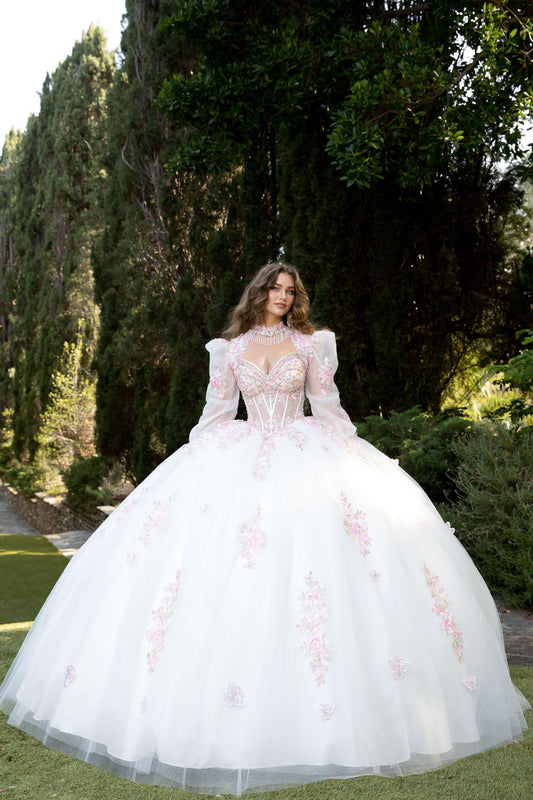 Vestido de XV con mariposas 3D y bolero a juego en talla plus PQ1093