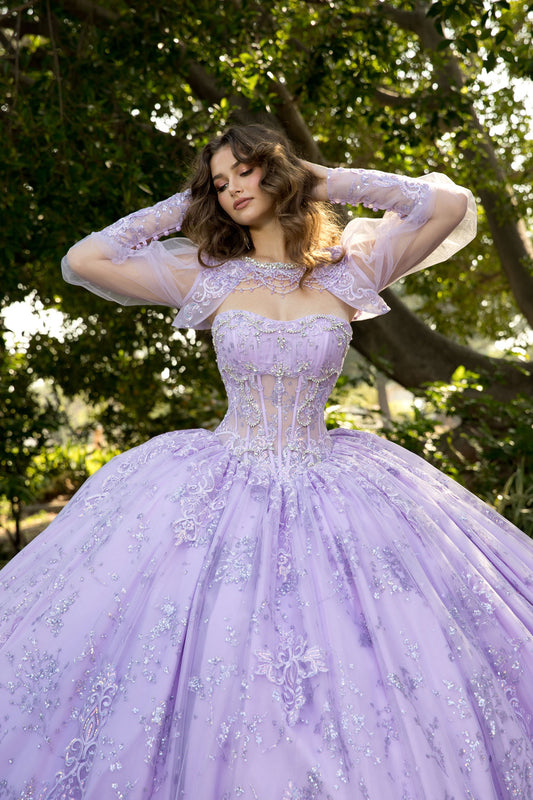 Vestido de XV strapless con bolero a juego en talla plus PQ1097