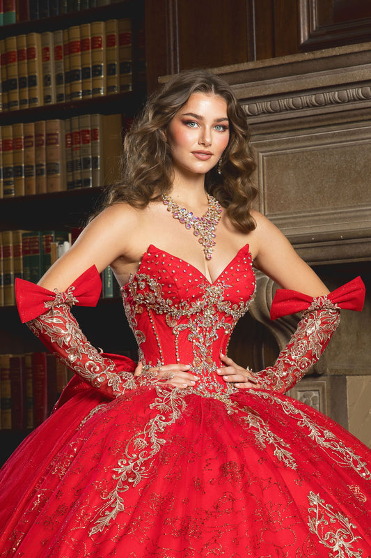 Vestido de XV con guantes y cola desmontable en talla plus PQ1099