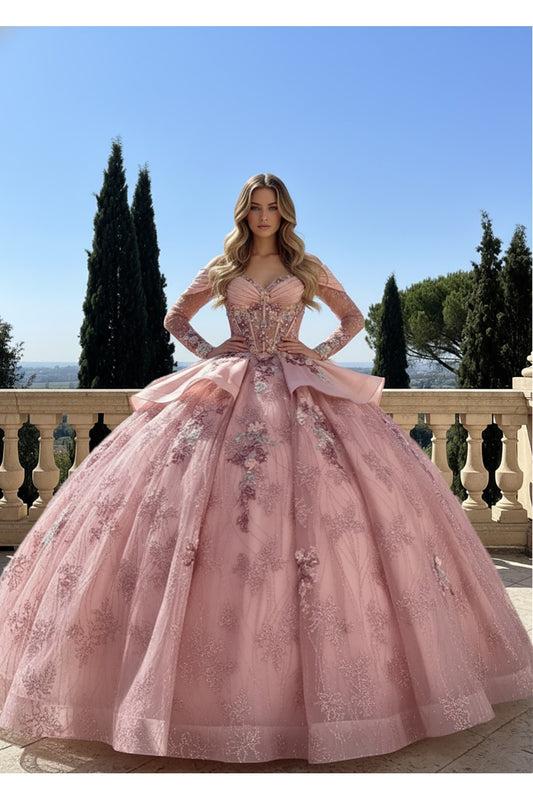 Vestido de XV con mangas desmontables en talla plus PQ1105