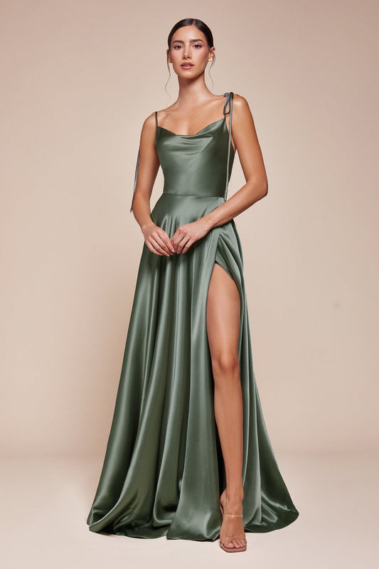 Vestido de noche largo satinado corte A con abertura BD104