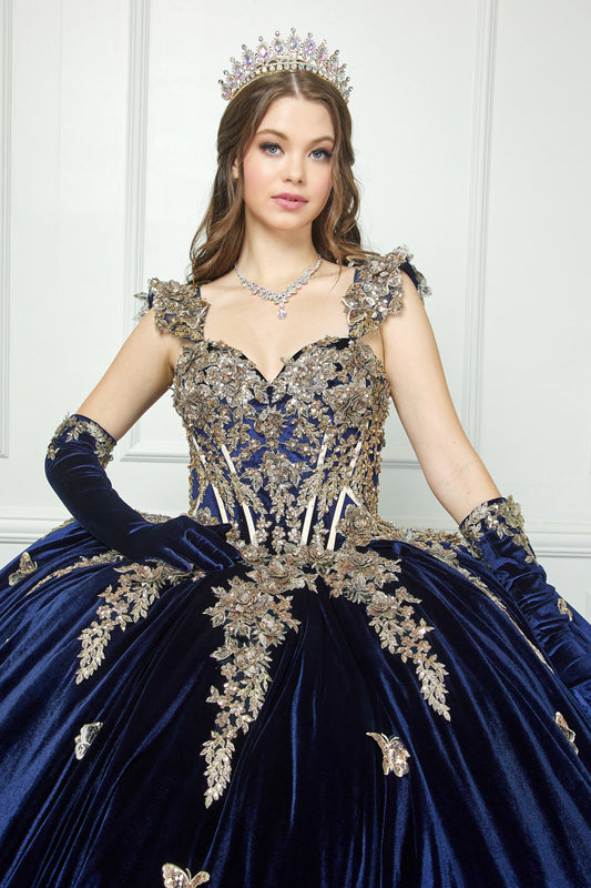 Vestido de XV de terciopelo con mariposas en talla plus PQ1038