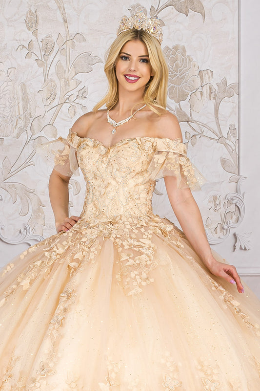 Vestido de XV con mariposas y mangas de olán en talla plus PQ1021