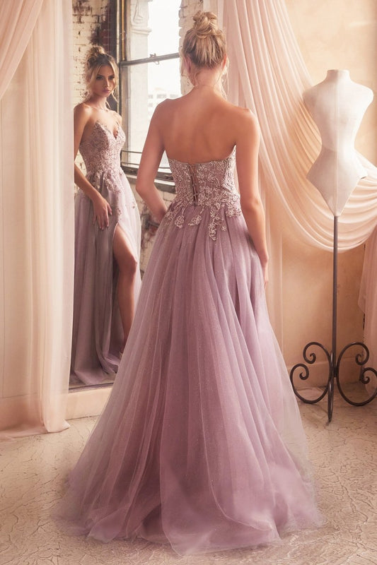 Vestido de gala azul strapless de encaje con brillos y corset C148