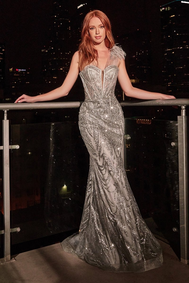 Vestido de gala ajustado de encaje con plumas y brillos CB087