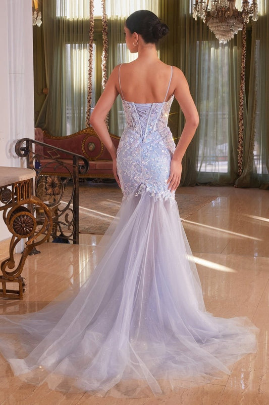 Vestido de gala azul de tul con escote corazón y aplicaciones CB148