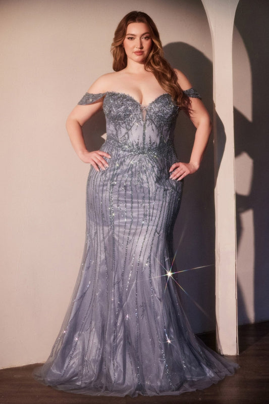 Vestido largo ajustado de lentejuelas con corset y pedrería CC341C