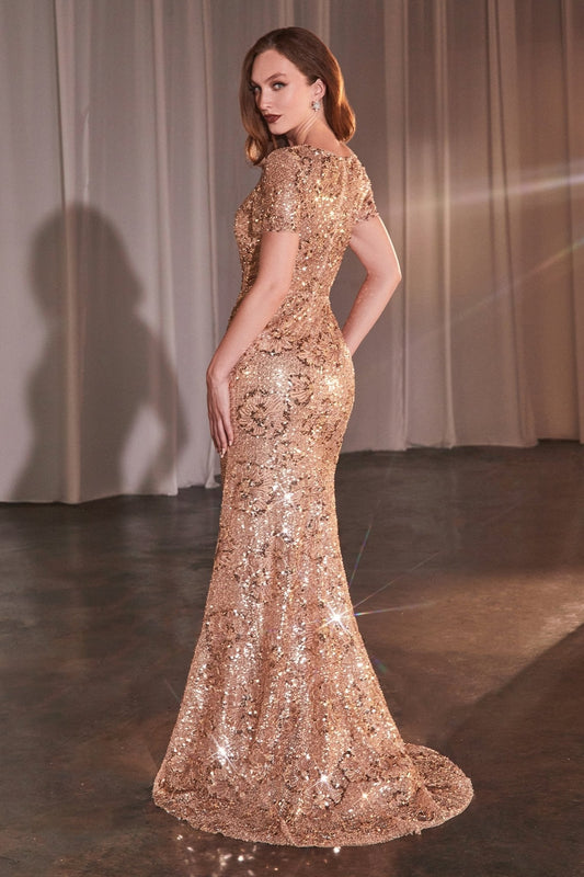 Vestido de fiesta largo metálico de lentejuelas con pedrería CC3700