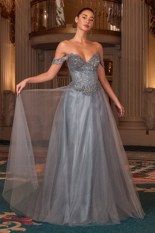 Vestido de fiesta largo corte A de encaje con corset y pedrería CC471