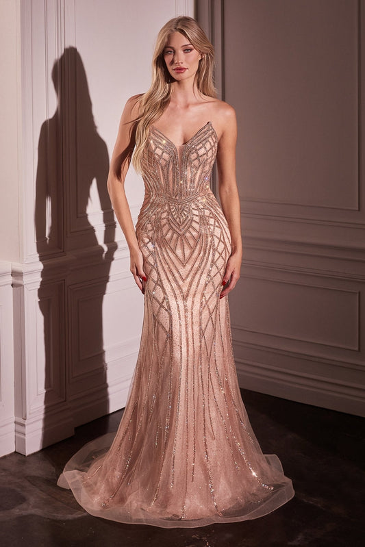 Vestido de graduación largo strapless de tul con pedrería CC6018