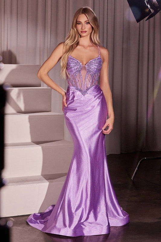Vestido de noche satinado con brillos, corset y pedrería CC8879