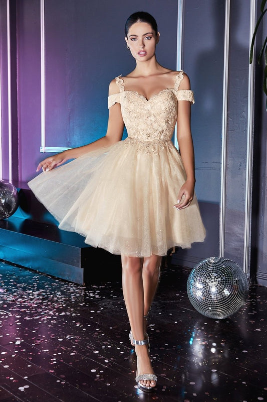 Vestido de cóctel de encaje con hombros descubiertos y brillos CD0132