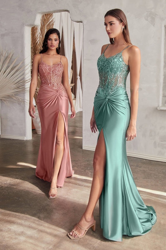 Vestido de fiesta largo satinado con abertura y pedrería CD0176
