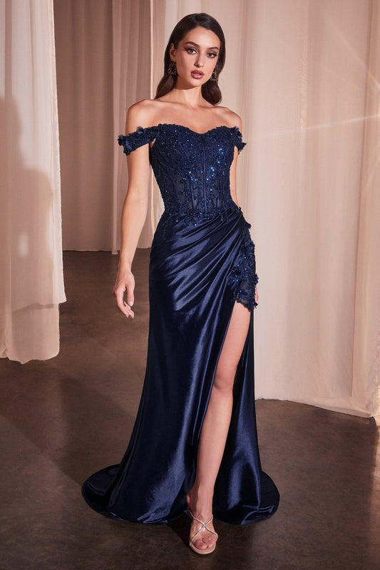 Vestido de graduación satinado ajustado con brillos y pedrería CD0186