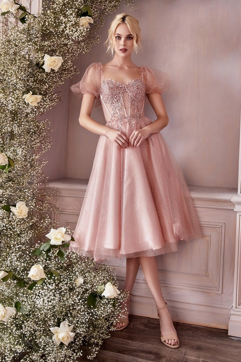 Vestido midi de fiesta de tul con mangas abullonadas y brillos CD0187
