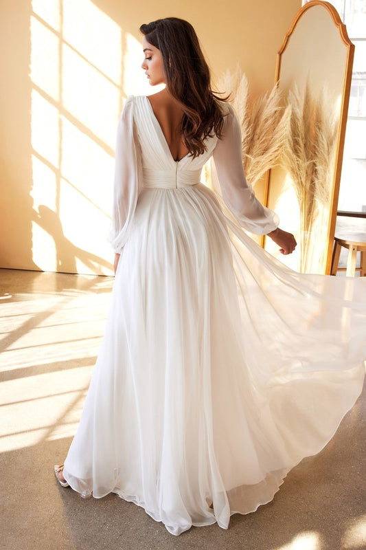 Vestido de novia drapeado corte A de gasa con manga larga CD0192W