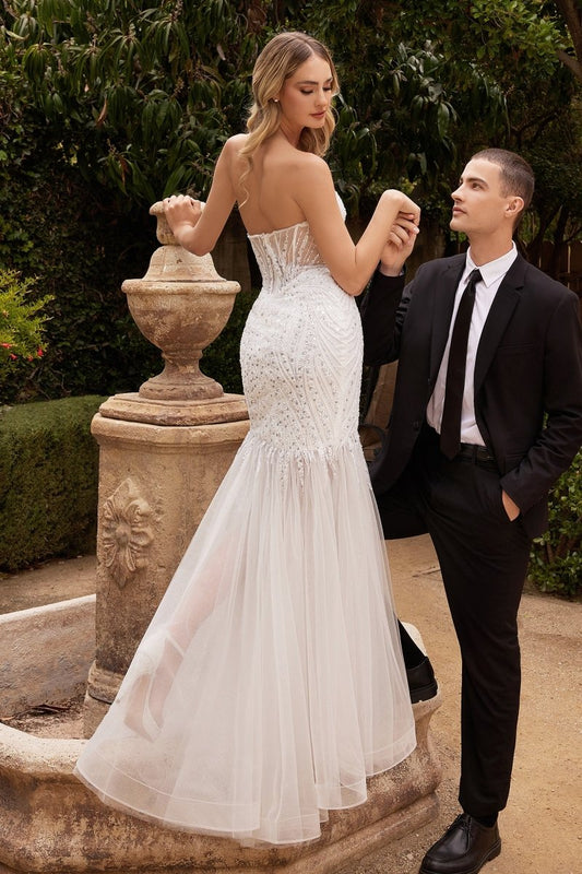 Vestido de novia strapless con escote en V profundo y pedrería CD0215W