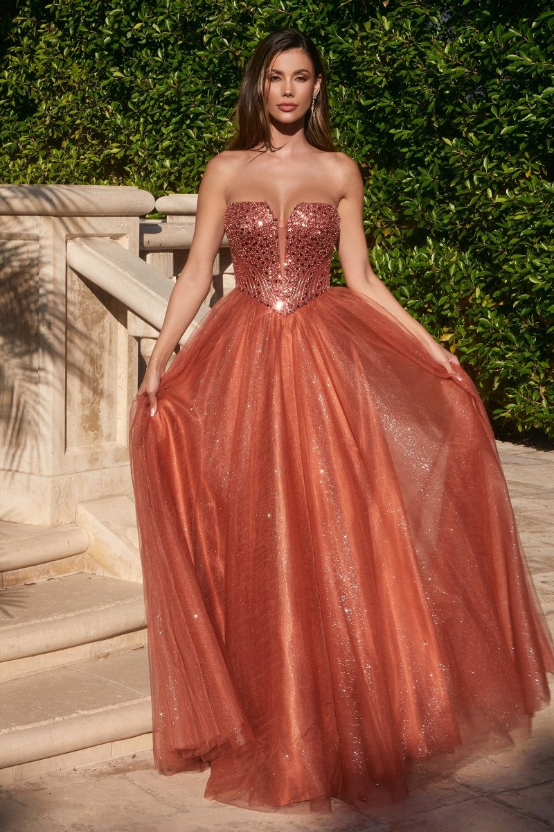Vestido de gala largo strapless de lentejuelas con corset CD0217