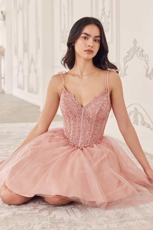 Vestido corto corte A de encaje con escote en V y brillos CD0236