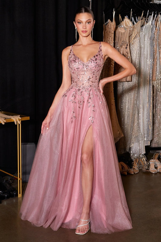 Vestido de noche bordado de lentejuelas con abertura y pedrería CD2412