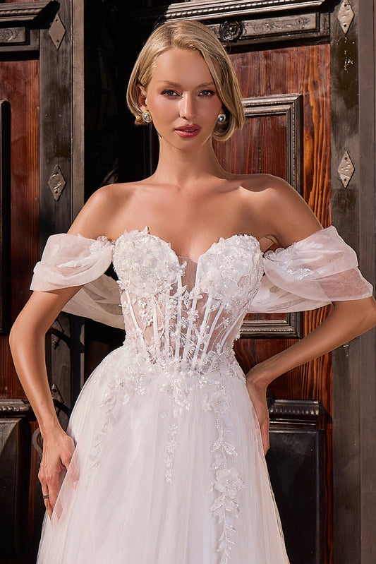 Vestido de novia de encaje bordado con flores 3D y pedrería CD2426W