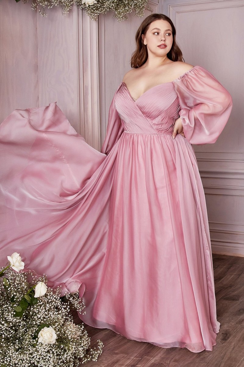 Vestido de noche largo de gasa con manga larga y escote corazón CD243C