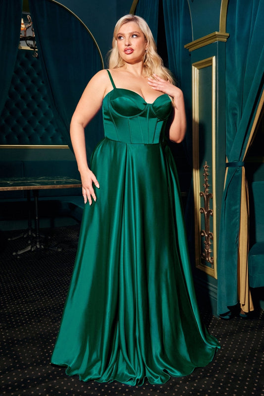 Vestido de fiesta largo satinado corte A con abertura y corset CD337C