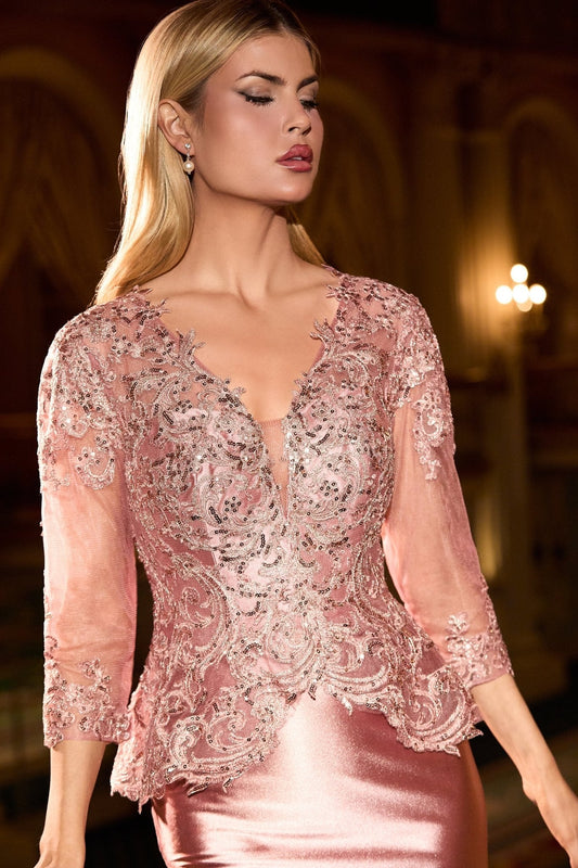 Vestido de gala de satín y encaje con escote en V profundo CD720