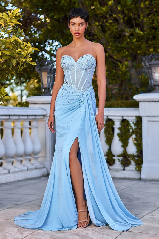 Vestido de graduación strapless ajustado con corset y pedrería CD770