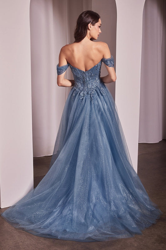 Vestido de noche largo corte A de encaje con corset y brillos CD799