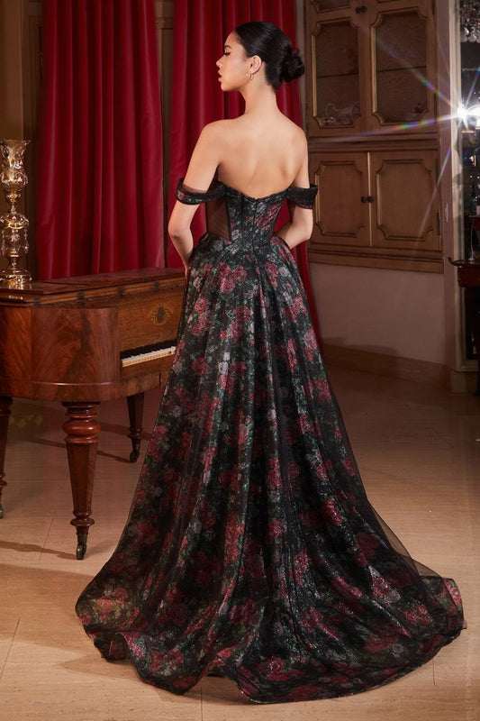 Vestido de gala largo de tul con hombros descubiertos y abertura CD806