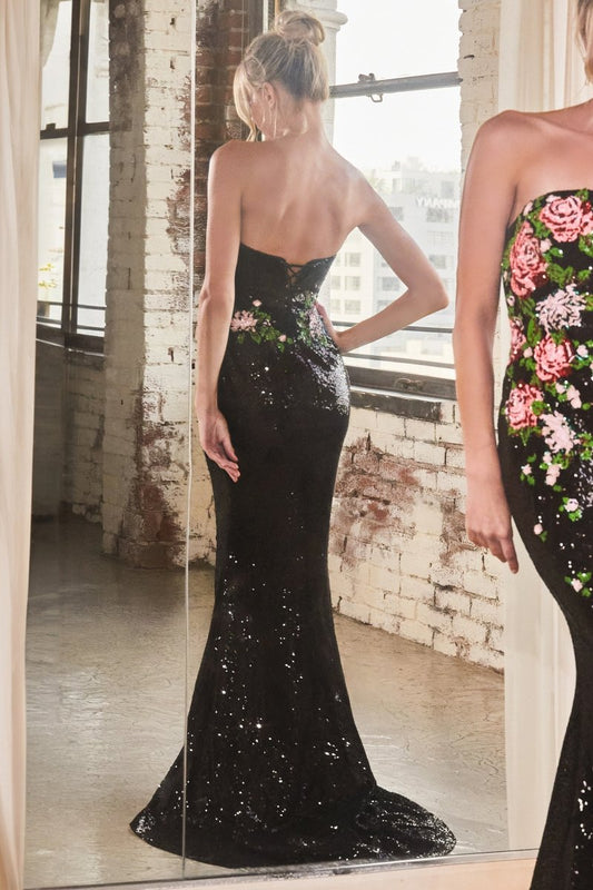 Vestido de noche largo strapless ajustado con corset y pedrería CD811