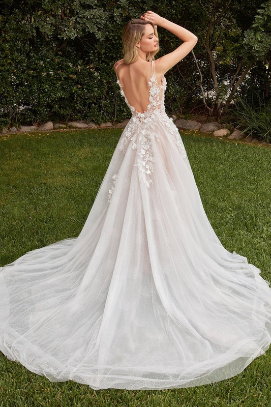 Vestido de novia de encaje con flores 3D y mangas desmontables CDS436W