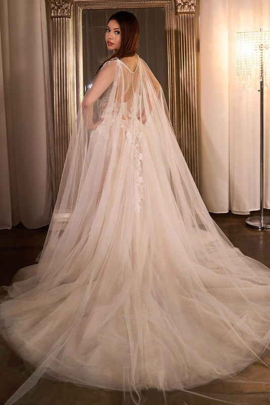 Vestido de novia de encaje con capa y escote en V profundo CDS476W