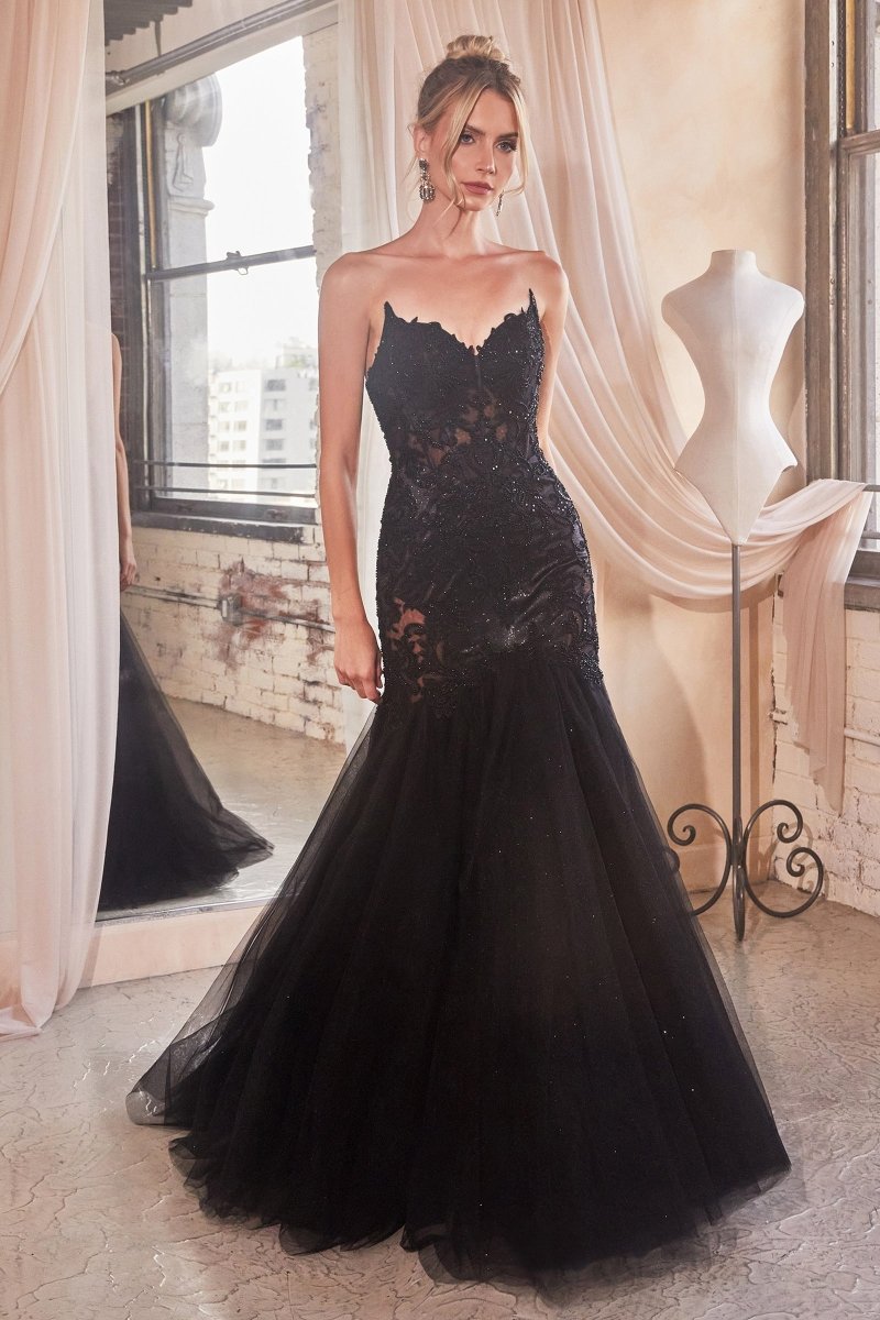 Vestido de noche strapless de encaje con corset transparente CDS482