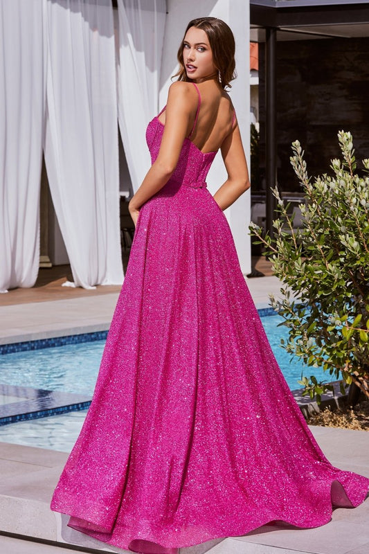Vestido largo corte A con brillos y pedrería CDS483