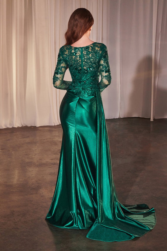 Vestido de noche de satín y encaje con manga larga y abertura CDS506