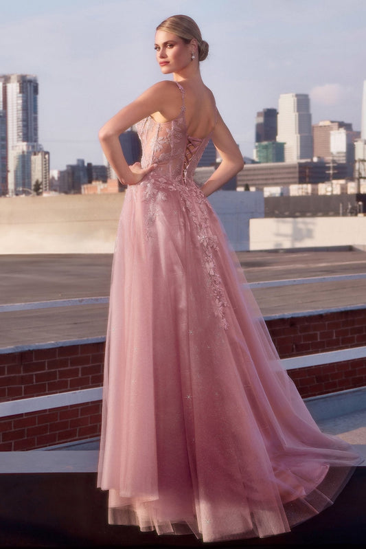 Vestido largo de tul con corset, escote en V profundo y brillos CDS533