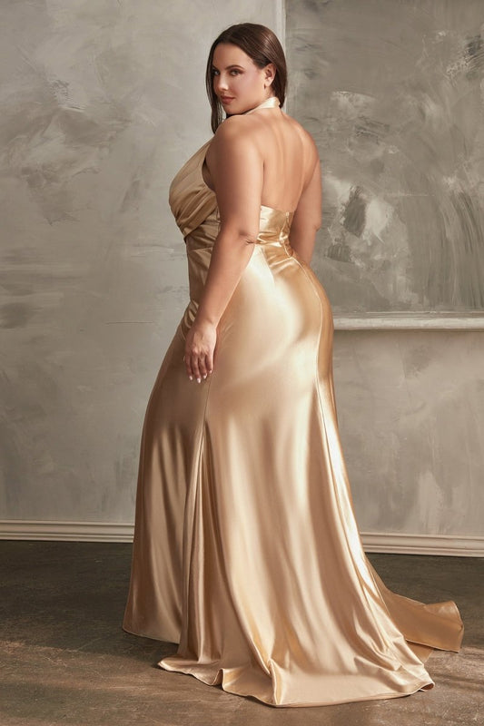 Vestido de fiesta largo satinado con abertura y cuello halter CH079C