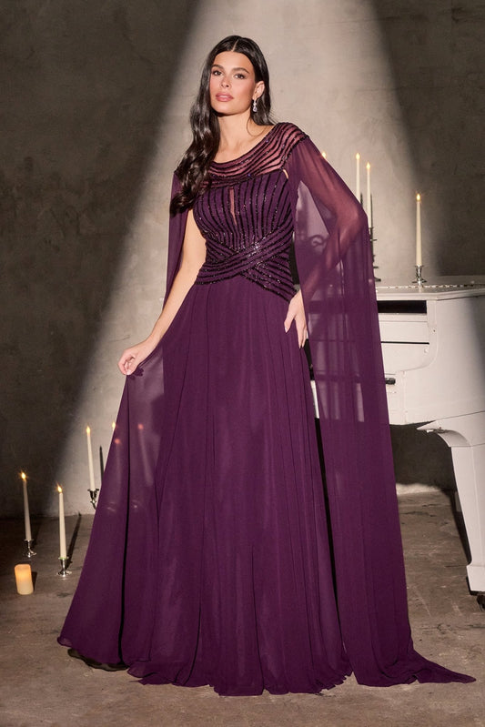 Vestido largo corte A de lentejuelas con capa y pedrería CL08