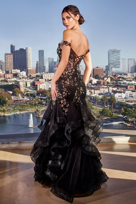 Vestido de fiesta largo negro de tul con corset y escote corazón CM354