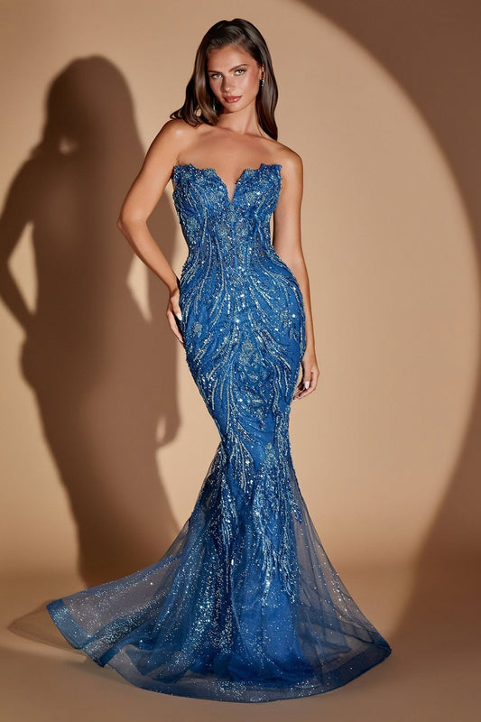 Vestido de noche azul strapless de lentejuelas con pedrería CM393